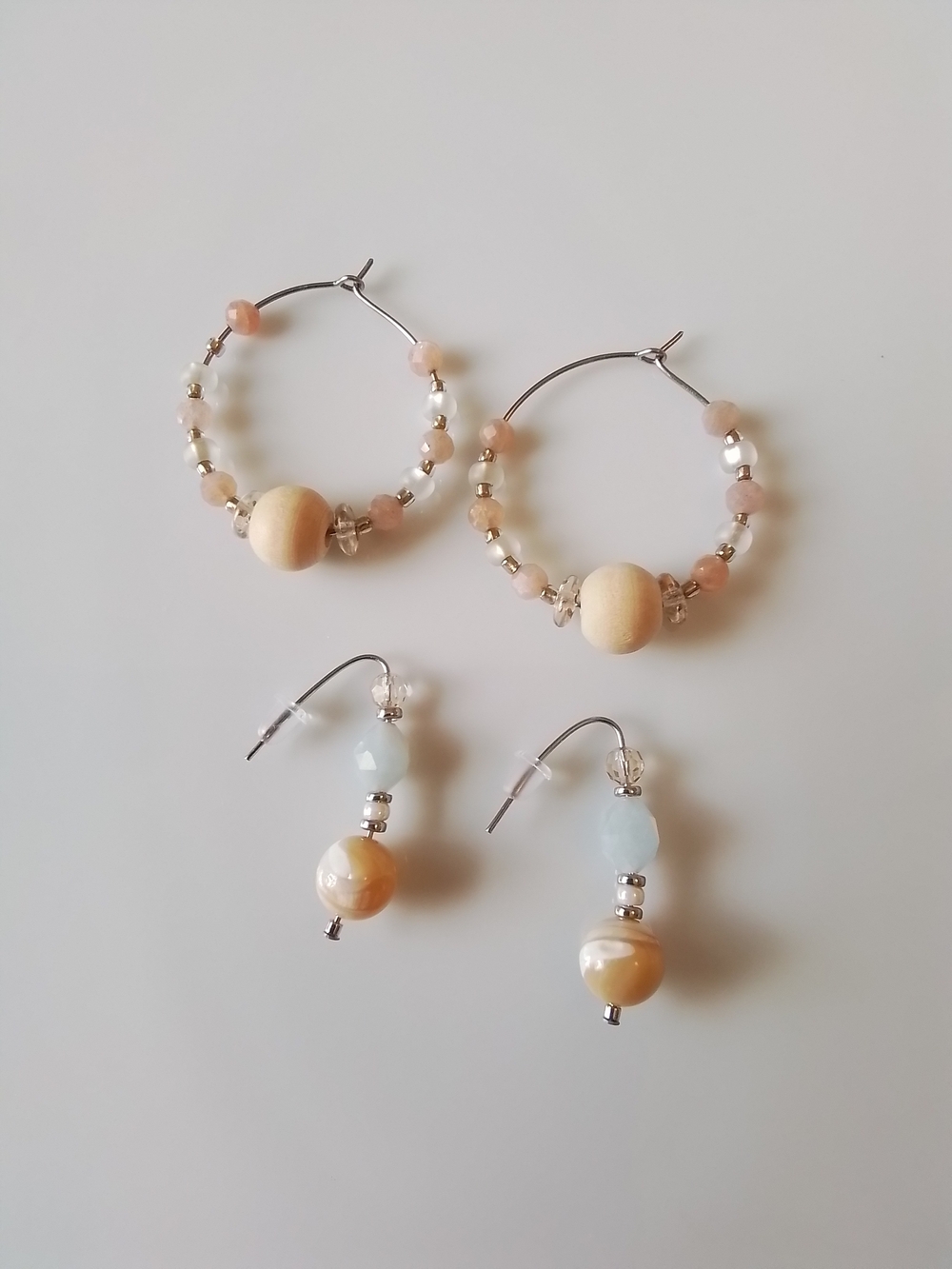 Handcrafted Peach Bead Hoop and Drop Earrings Set - Women Jewelry